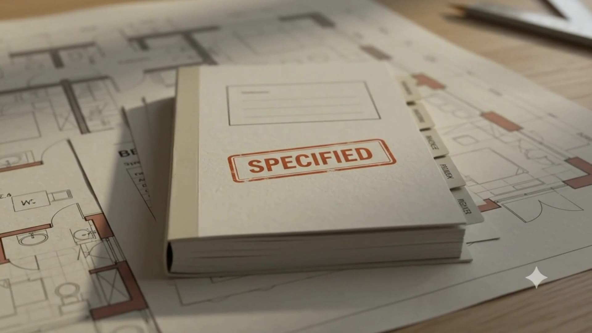 A bound materials specification, stamped “Specified”, resting on architectural floor plans.